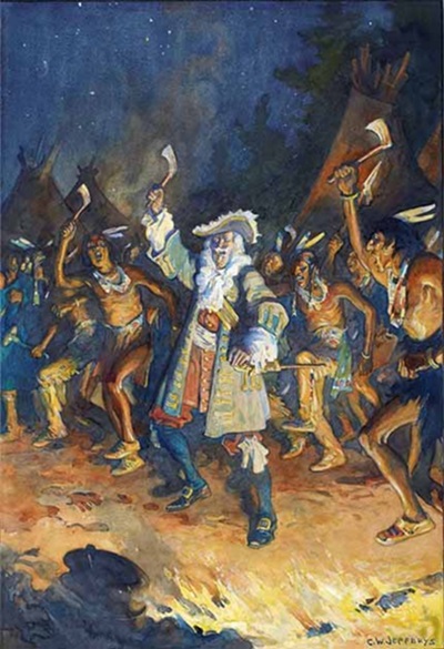 Painting by Charles William Jefferys depicting Frontenac the French governor of New France in North America, alongside members of First Nations, ca 1914.