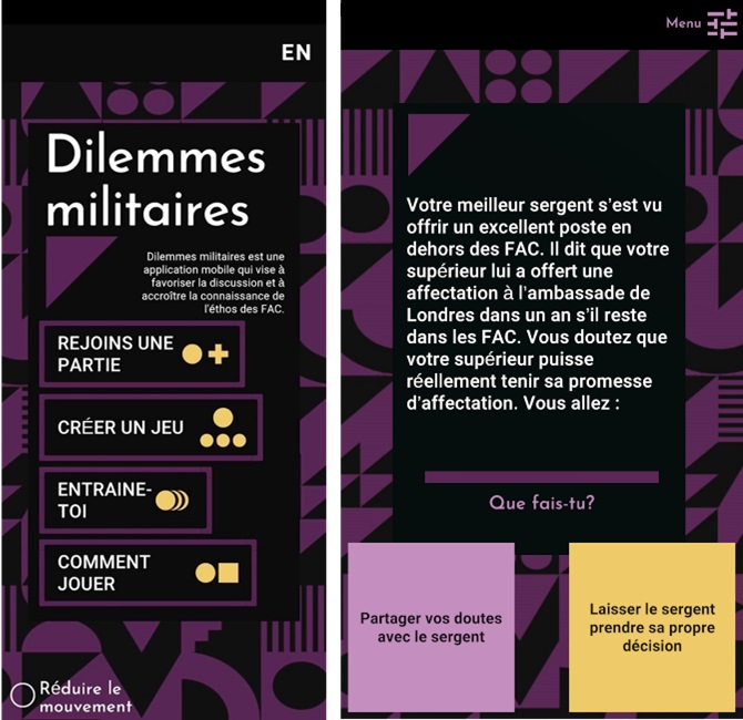 Une capture d’écran d’accueil noir et violet avec un exemple d’un scénario en anglais et français.