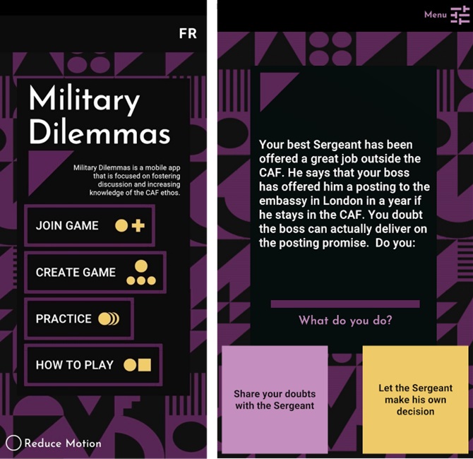A screenshot of the black and purple home screen and an example of a scenario in English and French.