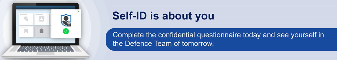 Decorative banner with the words ‘Self-ID is about you’ and ‘Complete the confidential questionnaire today and see yourself in the Defence Team of tomorrow.’