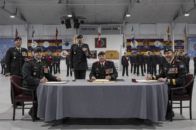 Chief Warrant Officer Cory Harik, Regimental Sergeant Major of 3rd Canadian Division Training Centre, Lieutenant-Colonel Hagemeyer, 3 CDTC Commanding Officer, Chief Warrant Officer Derek Thomspon, 3rd Canadian Manoeuvre Training Centre Sergeant Major of Operations Group, Colonel James L'Heureux, Canadian manoeuvre Training Centre Commanding Officer, Brigadier-General Wade Rutland, 3rd Canadian Division Commander 