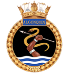 A naval badge with a gold rope border and a crown at the top. The word “Algonquin” appears above a black background showing a hand holding a spear crossed by a yellow serpent above stylized waves.