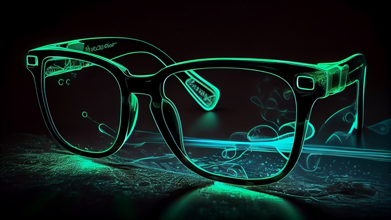 Close-up illustration of a pair of futuristic smart glasses with illuminated frames and integrated technology components, representing AI-enabled eyewear with recording and communication capabilities.
