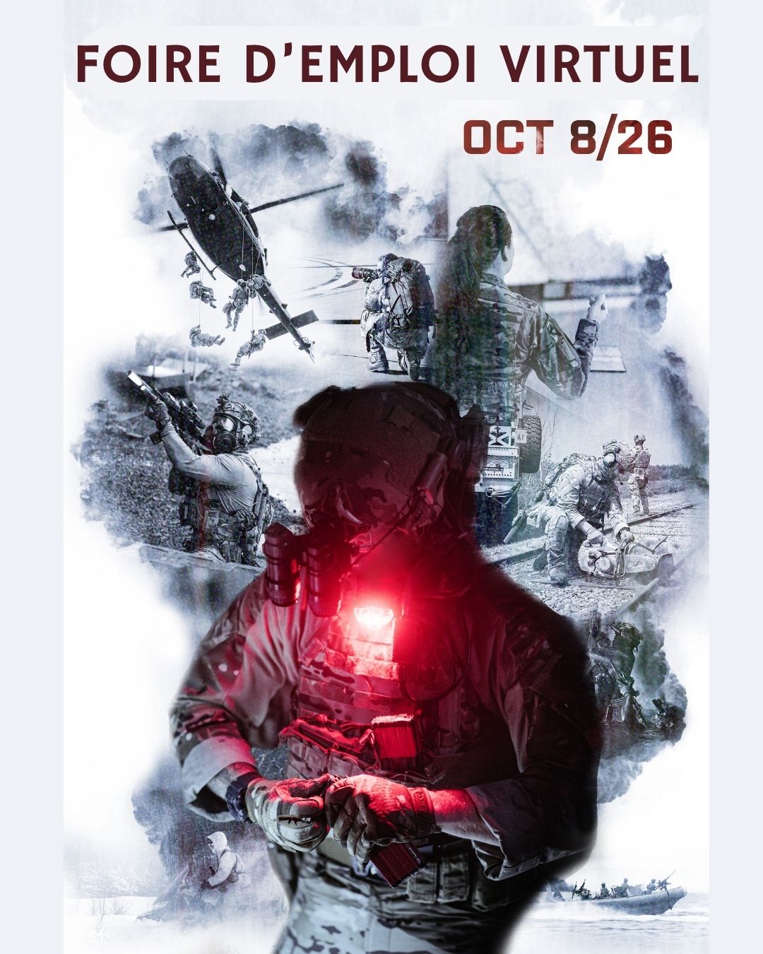 Affiche de la foire de l'emploi virtuel du Commandement des Forces d’opérations spéciales du Canada, présentant plusieurs photos de membres vêtu d’un équipement tactique effectuant diverses tâches.