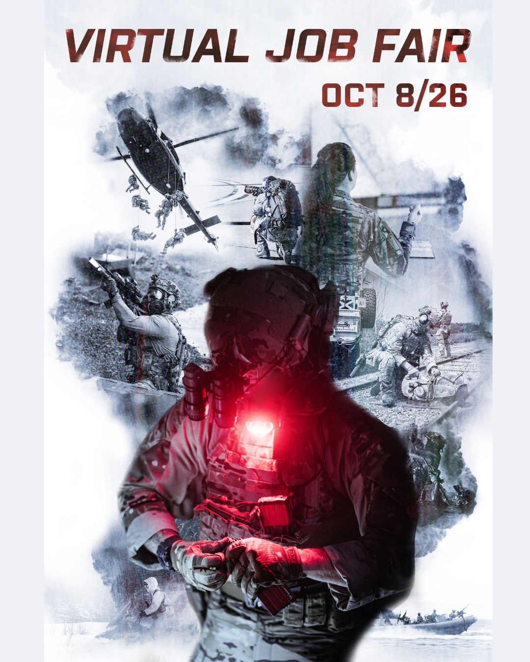 Canadian Special Operations Command Virtual Job Fair poster featuring several photos of members wearing tactical gear doing various tasks.