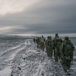 Canadian Armed Forces members move along the waterfront in Resolute Bay, Nunavut, while conducting a dismounted patrol during Operation NANOOK-NUNAKPUT on September 11. Photo: Master Corporal Brodie Fountain.