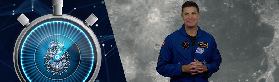 Split banner image with Col Jeremy Hansen in a blue flight suit standing against a backdrop of the Moon on the right, and a glowing blue stopwatch graphic containing the Canadian Defence Team badge on the left.