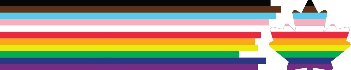 White background banner with a large line fragmenting into a maple leaf. Both show the rainbow colours of the Progress Pride Flag, which are black, brown, light blue, light pink, white, red, orange, yellow, green, blue, and violet.