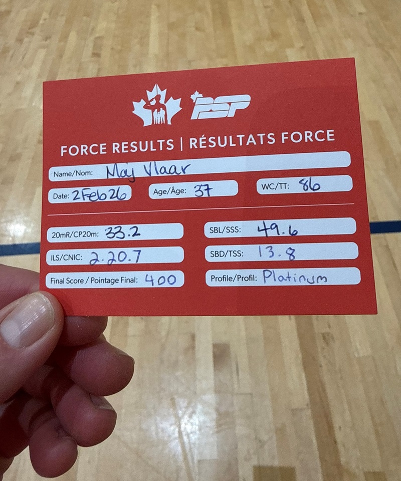 Une main tient une carte de résultats FORCE rouge et blanche sur laquelle figurent des informations.