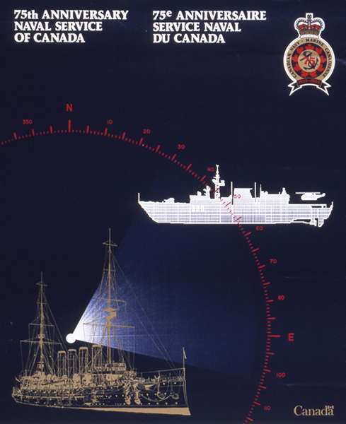 Affiche bleue montrant le croquis beige d’un premier navire et la silhouette blanche d’un second et portant l’inscription « 75e anniversaire du Service naval du Canada » en français et en anglais