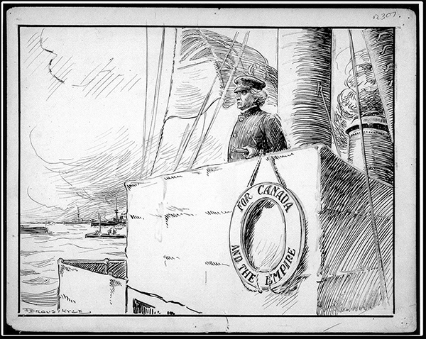 A sketch of Prime Minister Wilfrid Laurier staring out to sea from the platform of a ship. A flotation device reads “For Canada and the Empire”.