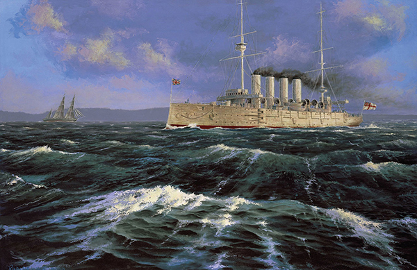 Painting depicts a ship travelling across a wavy sea against the backdrop of a cloudy blue sky.
