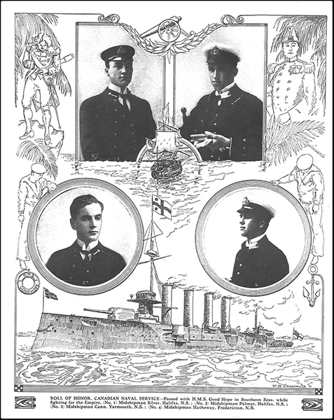 Portraits of four men displayed against a sketched background of HMS Good Hope.