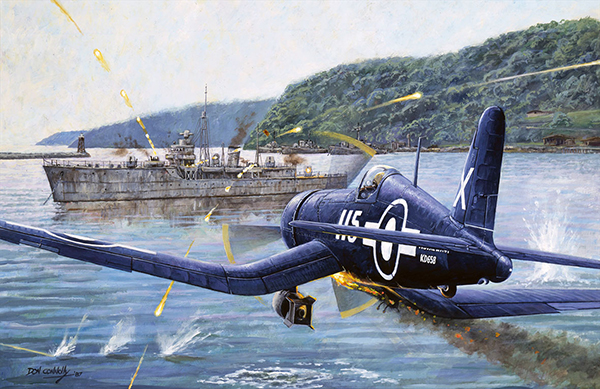 Painting depicts an aircraft flying into enemy fire shot from a ship on the water. A fire is forming under the plane’s left wing.