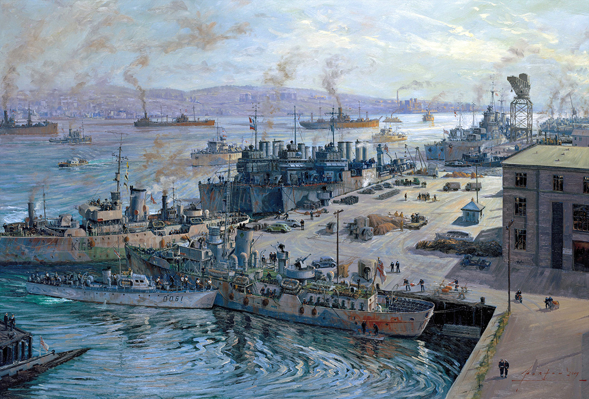 Painting depicts many ships at a harbour as men work to secure the ropes for ships coming into the docks.