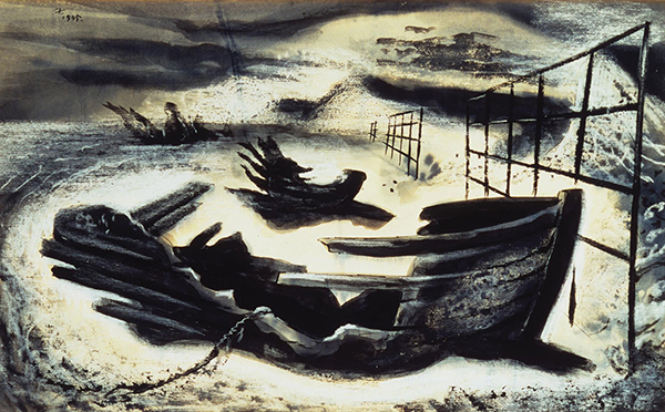 Painting depicts a ship wreck on the beach.