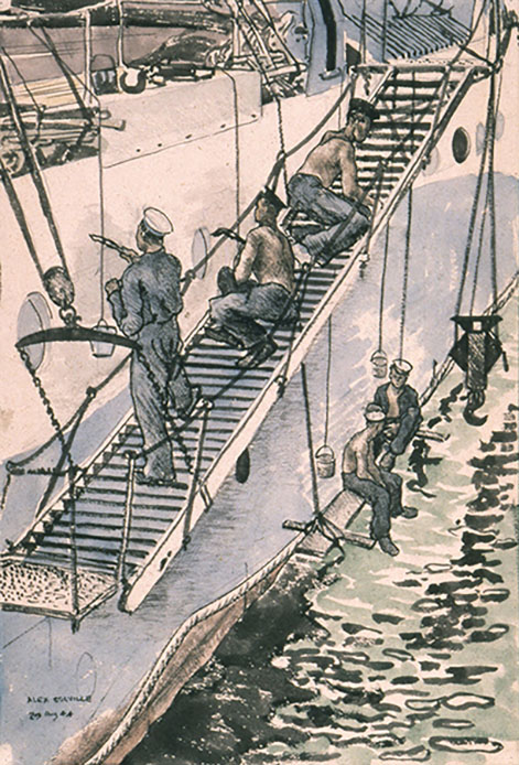 Painting depicts a ship’s crew painting the exterior.