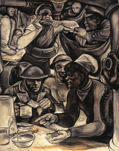 Painting depicts a crowd of men gathered around a table playing cards. A man in the background plays a harmonica.