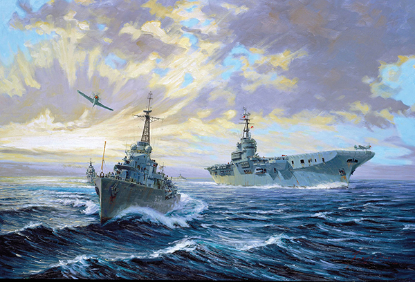 Two ships travel across the water in different directions as a plane flies overhead.