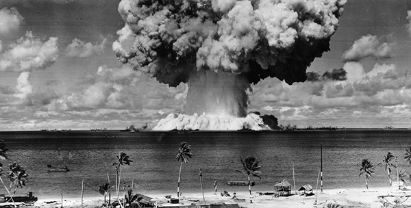 A nuclear explosion is set off on the sea line.