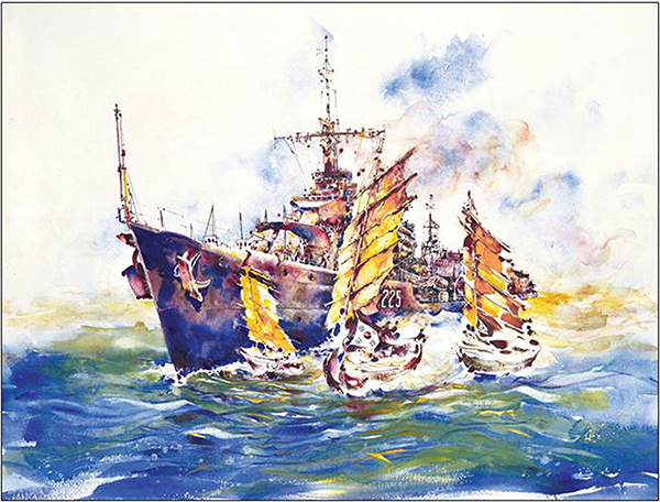 Painting depicts a Naval ship being approached by smaller sail boats.