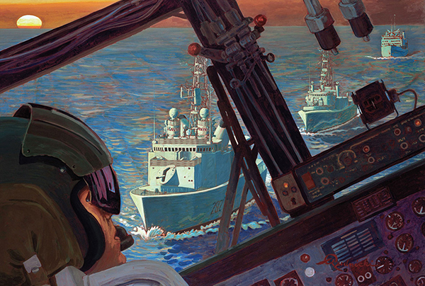 The painting depicts three ships following one another on the wwater, as seen from the perspective of a pilot in his cockpit.