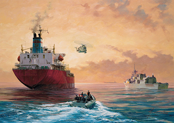 Painting depicts two ships travelling in the same direction as a helicopter flies overhead. Men operating an inflatable raft follow in the same direction as the two ships.