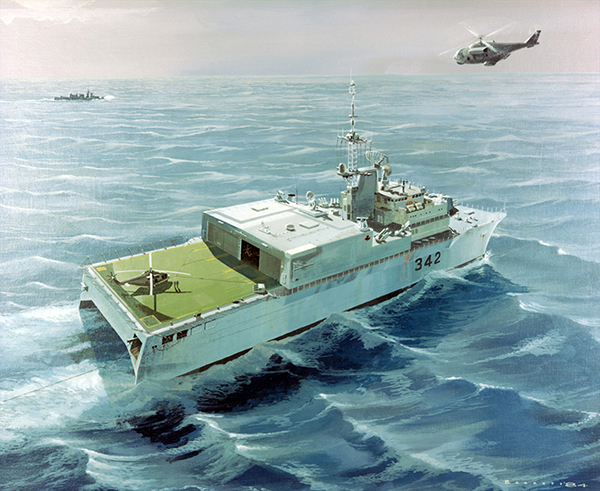 Painting depicts a ship travelling across the water as a helicopter flies overhead.