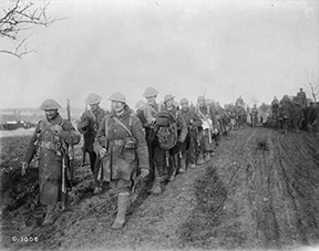 Canadian troops returning from the trenches. November, 1916. Battle of the Somme.