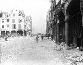 A German shell bursting in Arras during the battle. May, 1917.