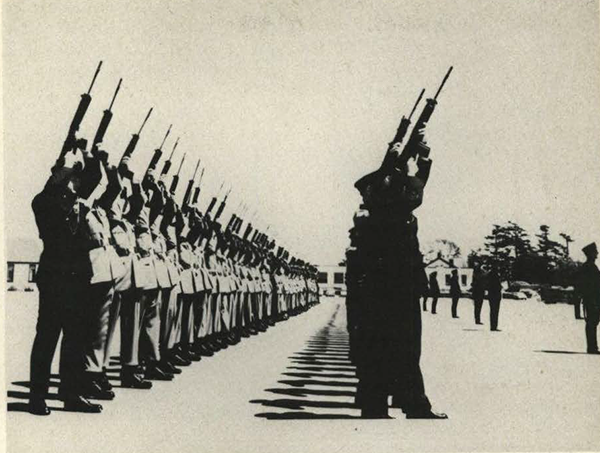 Two ranks of soldiers with guns pointing at the sky.