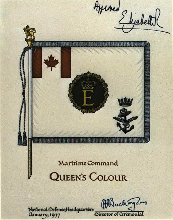 Drawing of a flag on parchment, with the words: Approved Elizabeth; Maritime Command; Queen's Colour; National Defence Headquarters, January, 1977; Director of Ceremonial.