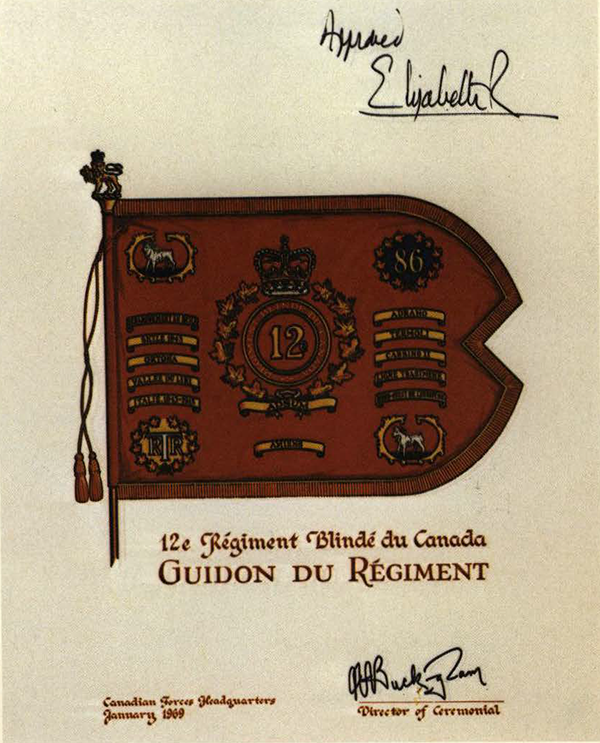 Drawing of a guidon on parchment, with the words: Approved, Elizabeth; 12e Régiment Blindé du Canada; Guidon du Régiment; Canadian Forces Headquarters, January 1969; Director of Ceremonial.
