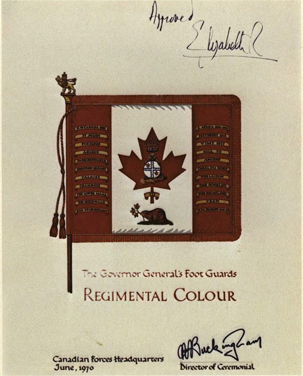 Drawing of a flag on parchment, with the words: Approved, Elizabeth; The Governor General's Foot Guards; Regimental Colour, Canadian Forces Headquarters, June, 1970, Director of Ceremonial