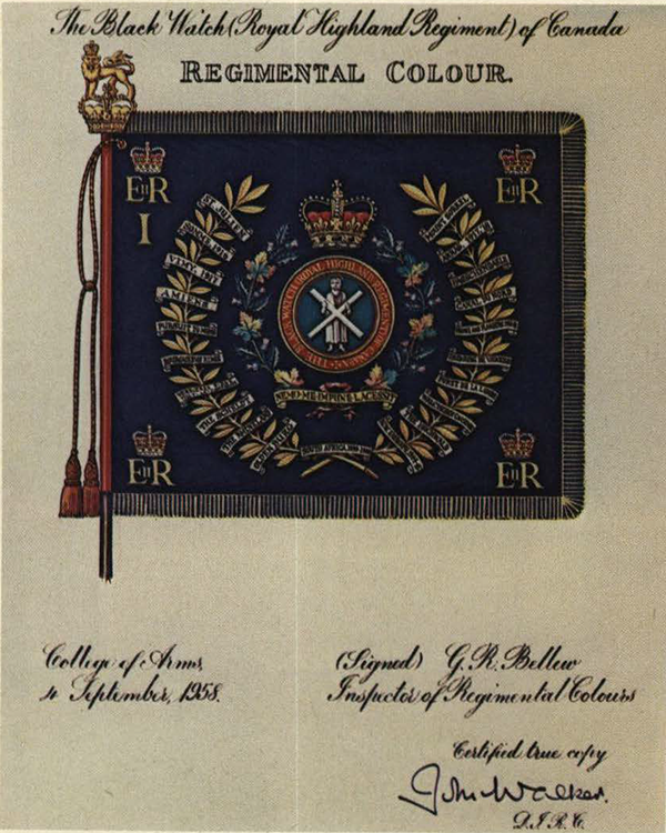 Drawing of a flag on parchment, with the words: The Black Watch (Royal Highland Regiment) of Canada; Regimental Colour; College of Arms, 4 September, 1958; (Signed) G.R. Bellew, Inspector of Regimental Colours; Certified true copy.