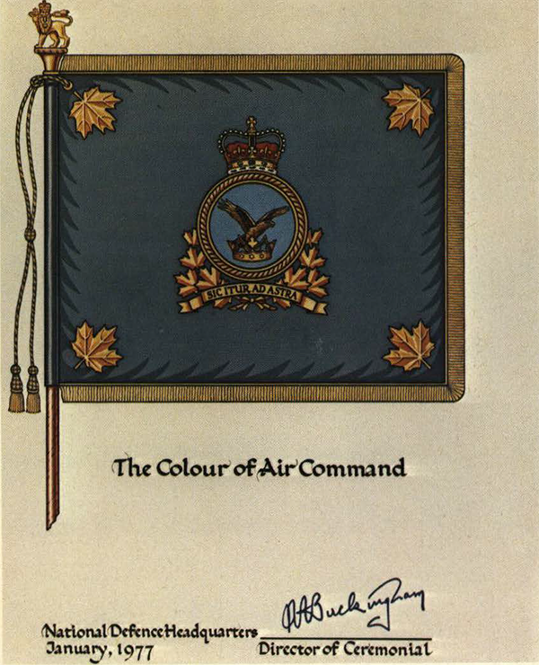 Drawing of a flag on parchment, with the words: The Colour of Air Command; National Defence Headquarters, January, 1977; Director of Ceremonial