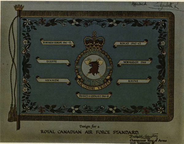 Drawing of a standard on parchment, with the words: Approved, Elizabeth; Designs for a Royal Canadian Air Force Standard; The Colour of Air Command; National Defence Headquarters, January, 1977; Director of Ceremonial