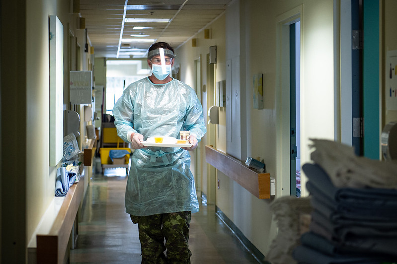 Members from 12e Régiment blindé du Canada assist at the Résidence Berthiaume-Du Tremblay long-term care centre during Operation LASER, in Montréal (Quebec), on May 5, 2020.