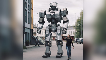 Un grand robot et un humain marchent dans la rue en se tenant la main