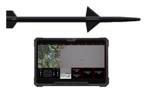 A black tablet with a map, and a black missile.