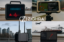 Collage de la plateforme HiddenSpectrum de Zighra, alimentée par l’IA, pour la détection passive des menaces RF dans les opérations CUAS. Logo ZIGHRA au centre du collage.