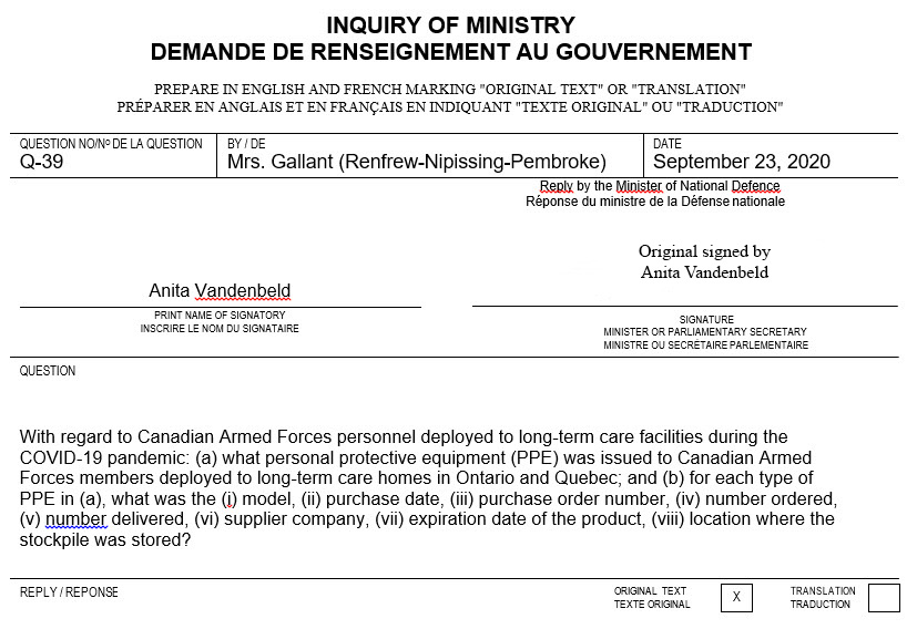 Inquiry of Ministry, Q-39 by Mrs. Gallant (Renfrew-Nipissing-Pembroke)