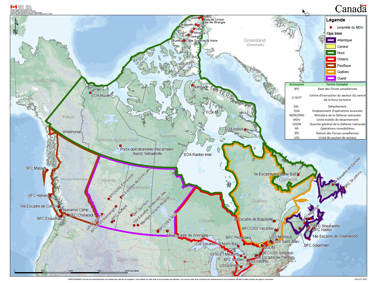 Carte du Canada démontrant les Sites de la Défense