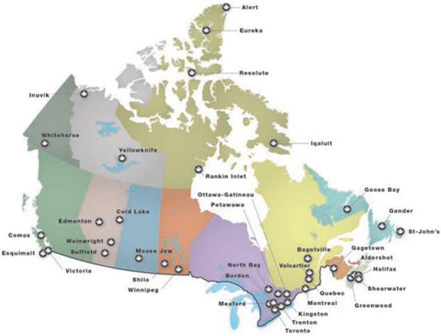Map of Canada with Canadian Bases identified by a dot
