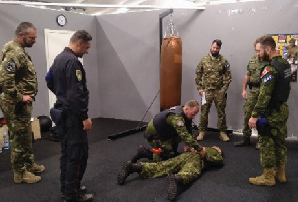 Sept soldats qui s'entraînent à appréhender un suspect