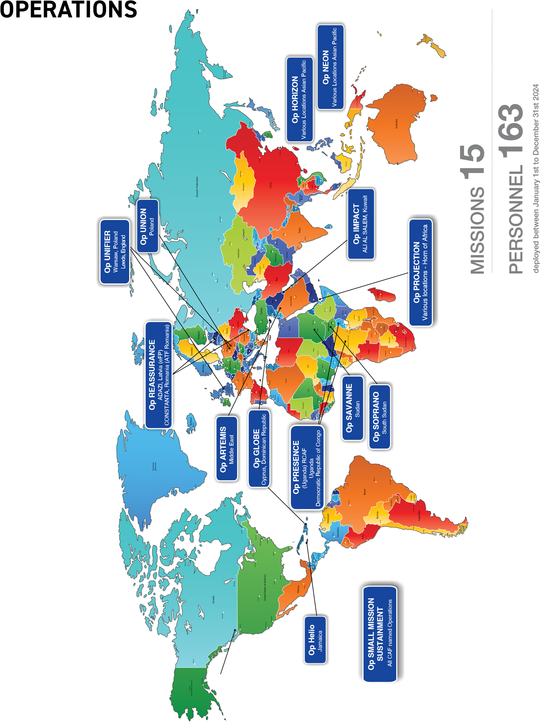 World map illustrating Canadian Armed Forces Military 
Police support to 15 named operations around the globe in 
2018. Countries are color-coded to show different levels of 
involvement, with blue labels marking specific mission 
locations. A total of 163 personnel were deployed during 
this period.