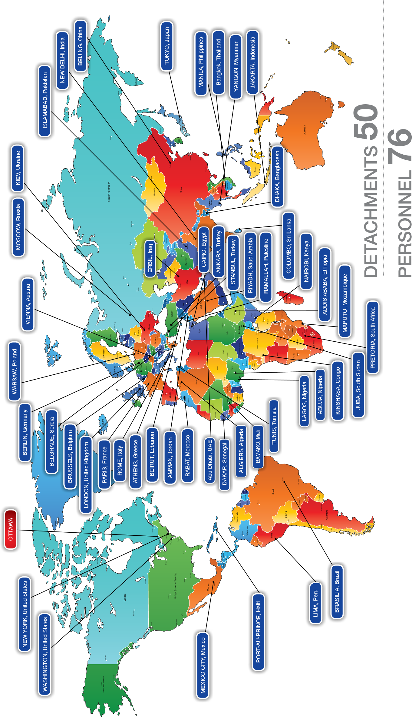 Map displays the global distribution of Military Police 
Security Service (MPSS) detachments. Regions are colorcoded and labeled to show the locations of 50 detachments 
supported by 76 personnel worldwide.
