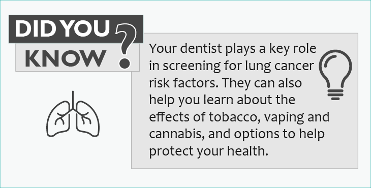 Did You Know? Your dentist plays a key role in screening for lung cancer risk factors. They can also help you learn about the effects of tobacco, vaping and cannabis, and options to help protect your health. 