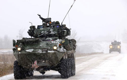 Wainwright, Alberta - A convoy of LAV-25 Coyote reconnaissance vehicles during Exercise Maple Resolve in Wainwright, Alberta on October 23, 2012.