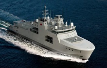 Rendering of the Harry DeWolf-class vessel – Aerial view starboard side forward at sea.